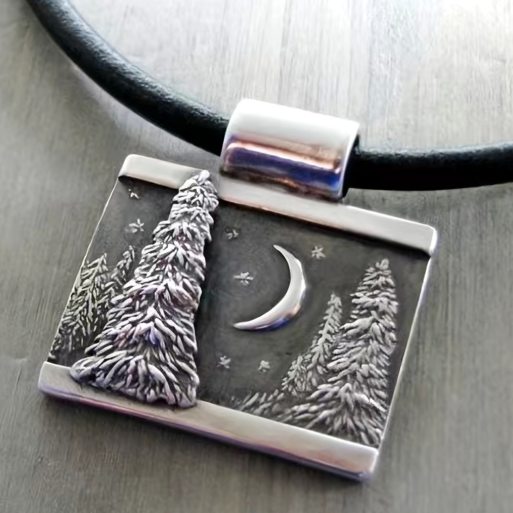 Elegant Silver Moonlit Forest Square Necklace